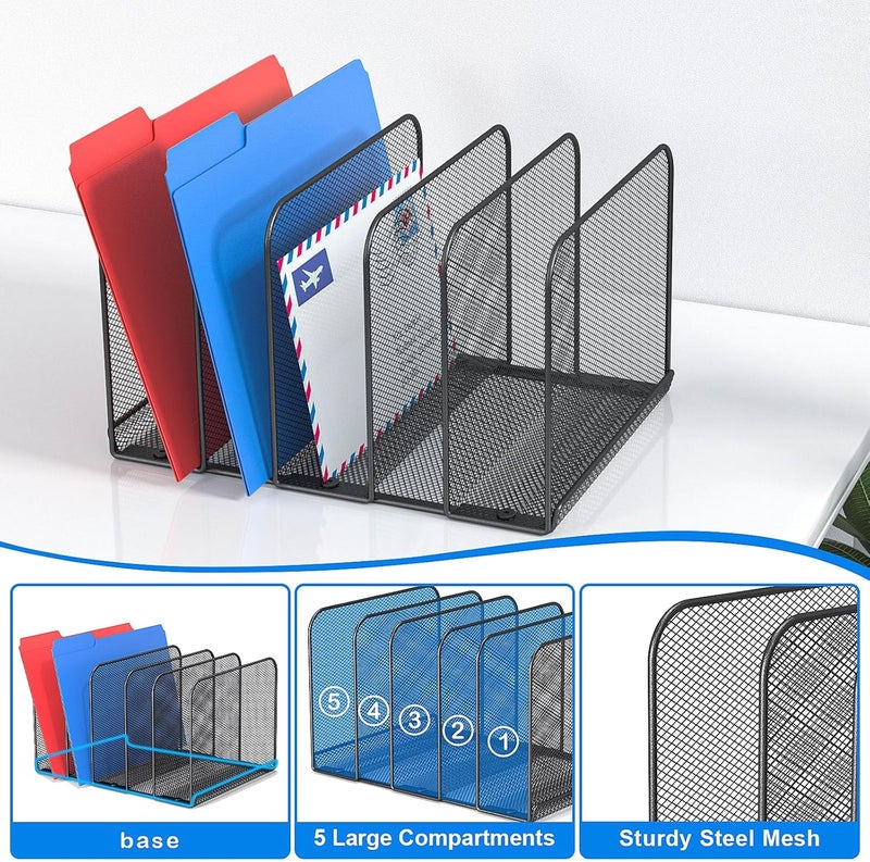 TCJ 5 Sections Desk File Holder/Rack/Sorter,Mesh File Organizer,File Folder Organizer,Metal Upright Desktop Organization for Documents,Magazine,Kitchenware,Antiskid,Antirust,Sturdy,1 Pack - Image 4